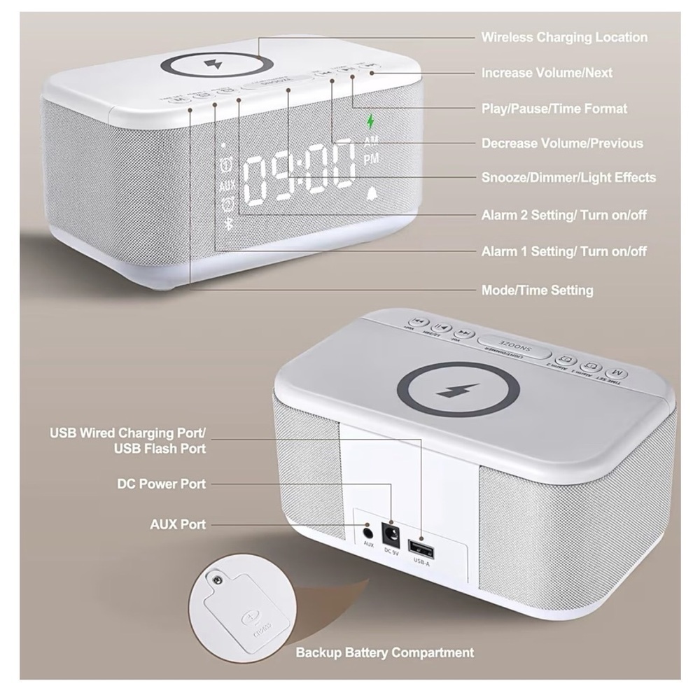 White Wireless Charging Alarm Clock with LED Display - Picture 10 of 10